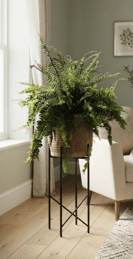 Fougère Boston luxuriante présentée dans un panier en osier sur porte-plante