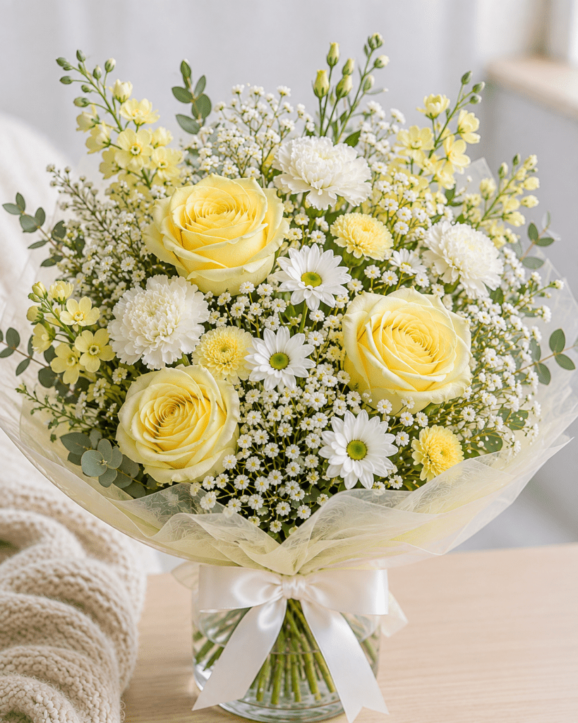 Magnifique bouquet de bébé non-genré de fleurs fraîches aux teintes douces à La Baraque à fleurs