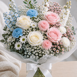 Bouquet de fleurs naissance et révélation de genre "C'est des jumeaux", création artisanale de La Baraque à fleurs à Mont-Joli.