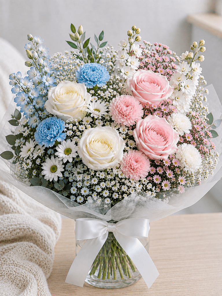 Bouquet de fleurs naissance et révélation de genre "C'est des jumeaux", création artisanale de La Baraque à fleurs à Mont-Joli.