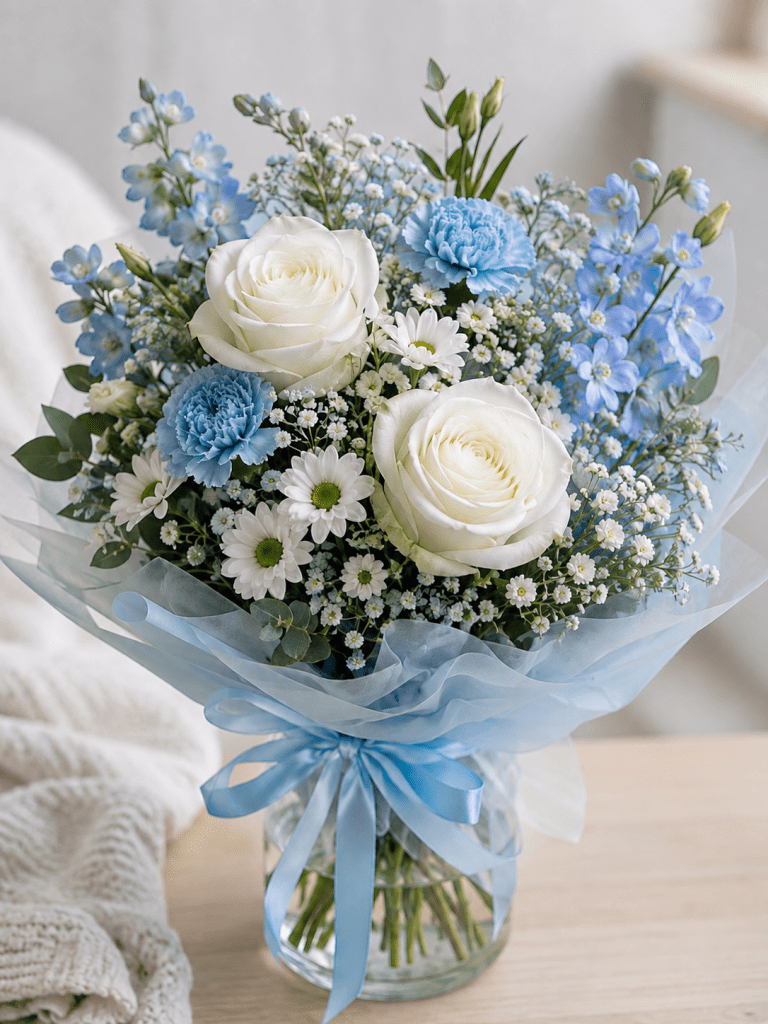 Magnifique bouquet de fleurs fraîches dans des tons bleus et blancs pour la naissance d'un garçon ou une révélation de genre à La Baraque à fleurs