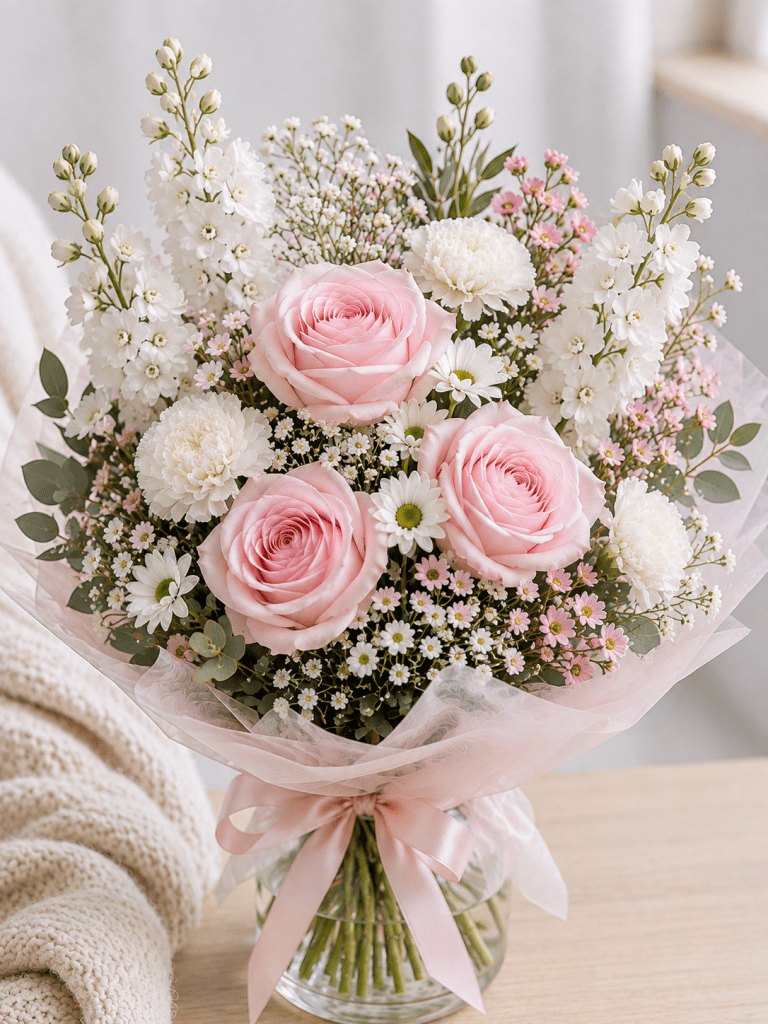 Magnifique bouquet de fleurs fraîches dans des tons roses et blancs pour la naissance d'une petite fille ou une révélation de genre à La Baraque à fleurs