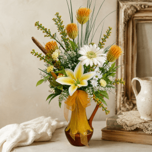 Bouquet Vintage jaune en soie fait main dans un vase en céramique
