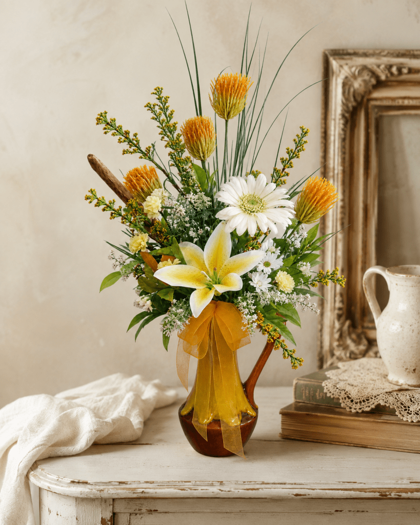 Bouquet Vintage jaune en soie fait main dans un vase en céramique