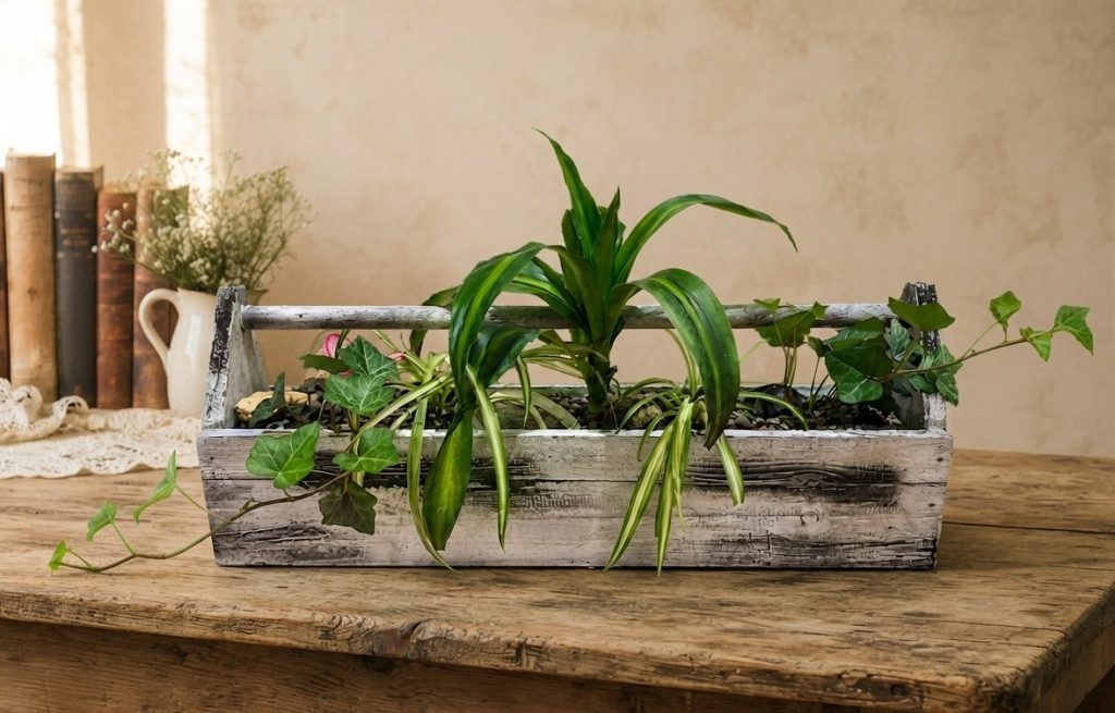 Jardin de plantes tropicales dans un vieux coffre à outils en bois