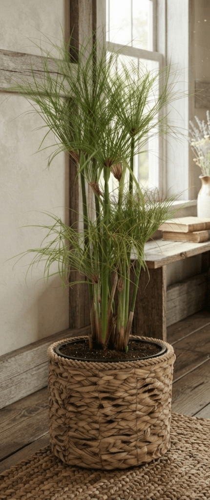 Plante papyrus haute et élancée dans un panier en rotin