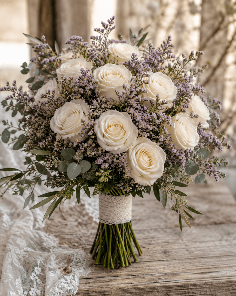 Bouquet de mariée avec roses blanches et limonium mauve, création artisanale sur mesure de La Baraque à fleurs.