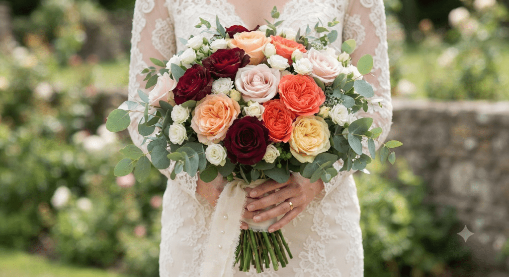 Bouquet de mariée aux roses multicolores dans les tons chauds et chatoyants, création artisanale de La Baraque à fleurs.