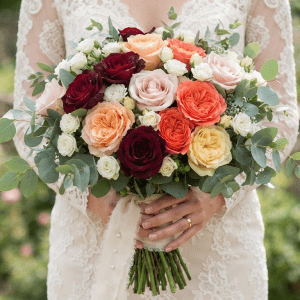 Bouquet de mariée aux roses multicolores dans les tons chauds et chatoyants, création artisanale de La Baraque à fleurs.