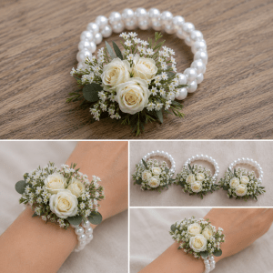 Corsage en rosettes blanches pour mariage et bal, création artisanale sur mesure de La Baraque à fleurs.