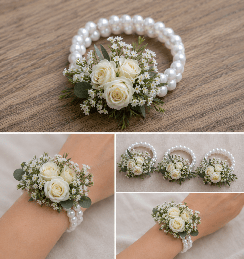 Corsage en rosettes blanches pour mariage et bal, création artisanale sur mesure de La Baraque à fleurs.