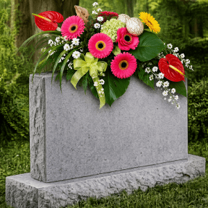 Montage pour pierre tombale En coeur en fleurs de soie aux tons rouges et feuillages verts