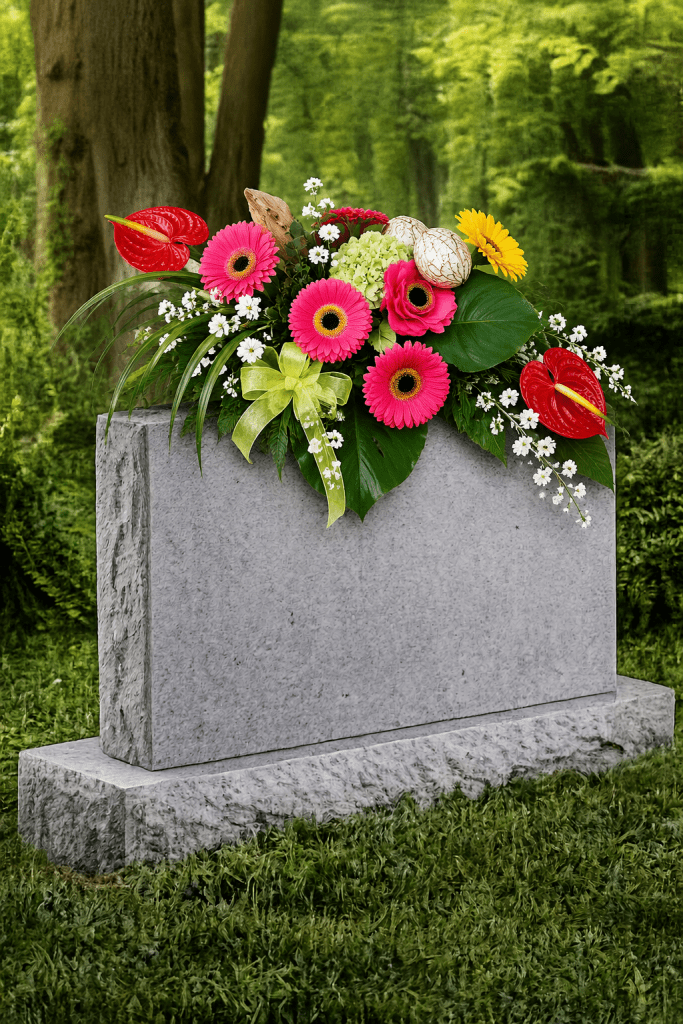Montage pour pierre tombale En coeur en fleurs de soie aux tons rouges et feuillages verts