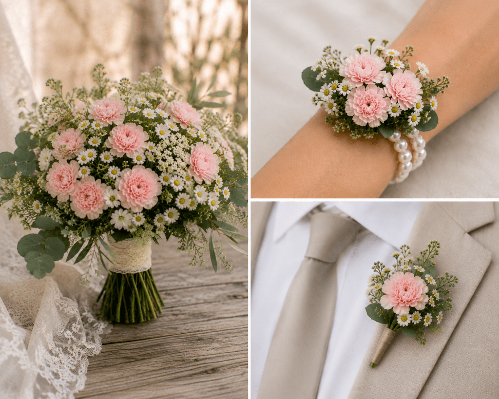 Ensemble de mariage en œillets roses pour cortège, création artisanale sur mesure de La Baraque à fleurs.