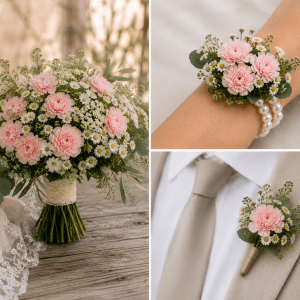 Ensemble de mariage en œillets roses pour cortège, création artisanale sur mesure de La Baraque à fleurs.